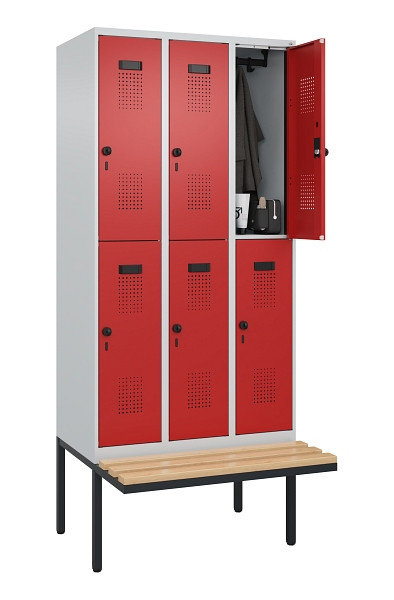 C+P Doppelstock-Spind Evolo PLUS, Bank, 6 Fächer, 2120x900x815mm, 7035/3000, Drehriegel, Sitzfläche Buche-Hartholz, 0493407-30 S10003