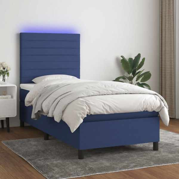 vidaXL Boxspringbett mit Matratze & LED Blau 90x200 cm Stoff, 3134931