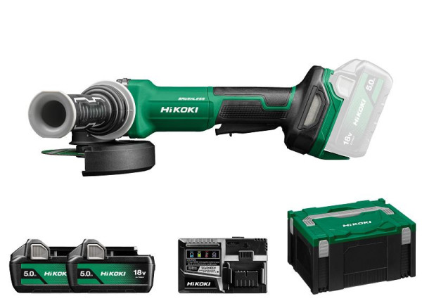 HiKOKI 18 V Akku Winkelschleifer (Brushless) (Motorbremse) Paddle Schalter, 2 x 5.0 Ah, 125 mm, G1813DF (5.0) (HSC III), G1813DFWQZ