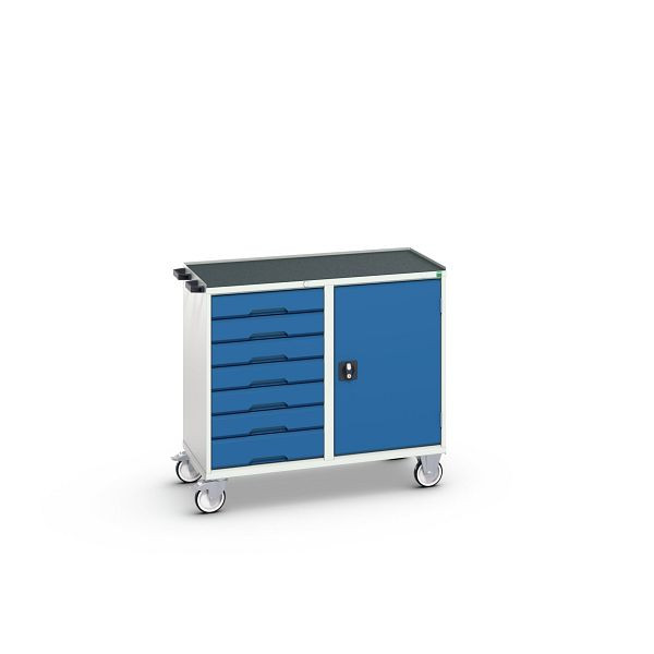 bott verso Montagewagen, mit 7 Schubladen, Tür und Abrollrand, BxTxH: 1050 x 550 x 965 mm, Lichtgrau / Enzianblau, 16927128.11