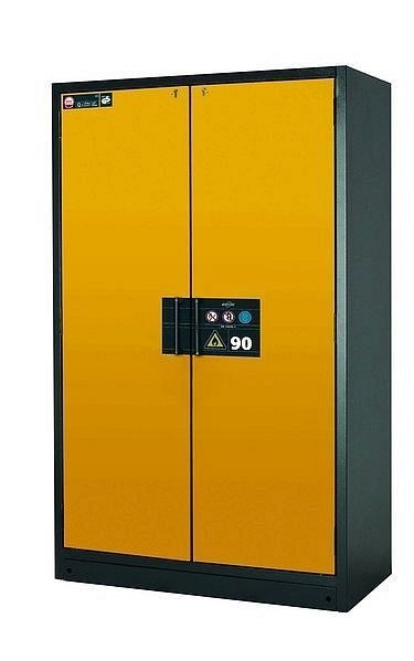 asecos Sicherheitsschrank Q-CLASSIC-90, Q90.195.120 in sicherheitsgelb RAL 1004 mit 4x Auszugswanne Standard (Edelstahl), 30001-040-30018