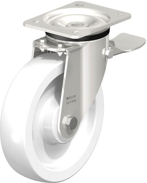 Blickle LKX-SPO 200G-ST Edelstahl-Schwerlast-Lenkrolle mit Anschraubplatte & Feststeller, Polyamid, Weiß, 4457