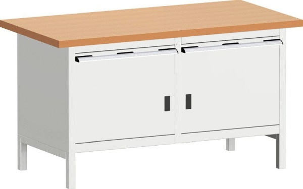 bott cubio Kastenwerkbank mit 2 Schubladen 2 Türen, Rotbuche-Arbeitsplatte BxTxH: 1500 x 750 x 840 mm, RAL 7035, 41002029.16V