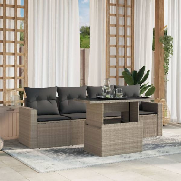 vidaXL 5-tlg. Garten-Sofagarnitur mit Kissen Hellgrau Poly Rattan, 3267102