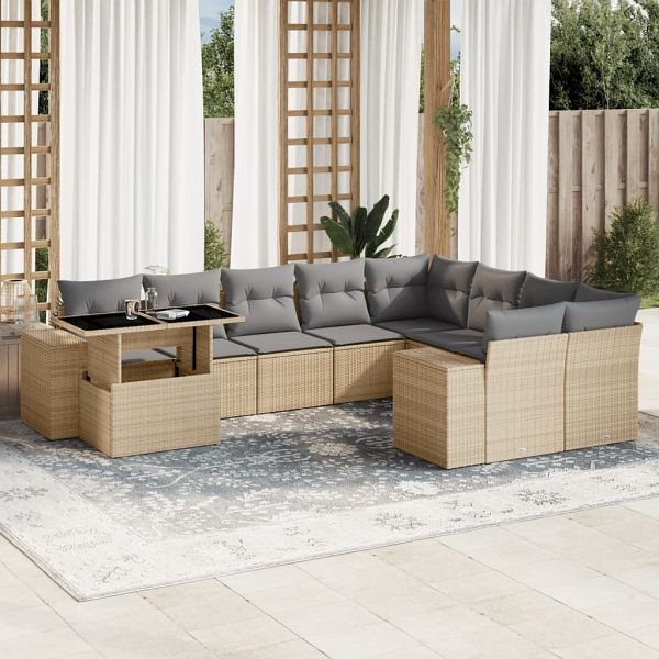vidaXL 10-tlg. Garten-Sofagarnitur mit Kissen Beige Poly Rattan, 3269399