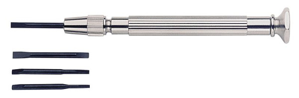 KUKKO Uhrmacher-Schraubendreher mit Wechselklingen im Magazin, Schlitz Profil: 1,5; 2; 2,5; 3, VE: 10 Stück, 250-120