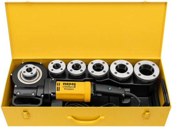 REMS Amigo Elektrische Gewindeschneidkluppe mit Schnellwechsel-Schneidköpfen, 2 Compact Set R 1/2+3/4+1+1 1/4+1 1/2+2, 540024 R220