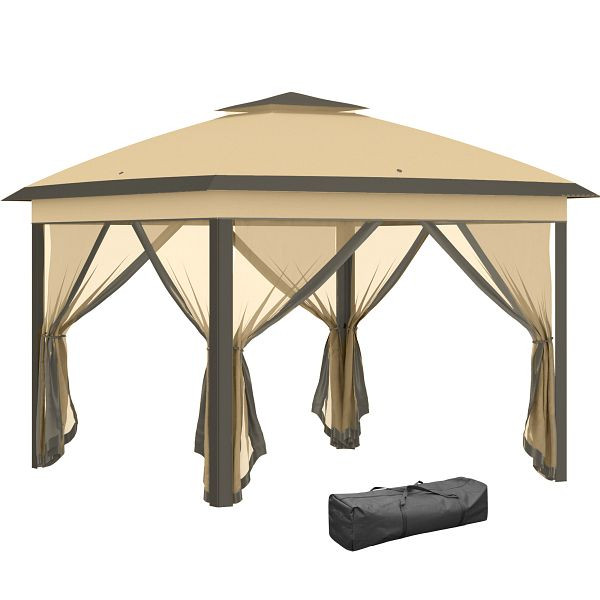 Outsunny Faltpavillon, Gartenpavillon, Metall und Stoffplane, Netzvorhänge, Entwässerungslöcher, 330L x 330B x 288H cm, Beige, 84C-300V01BG