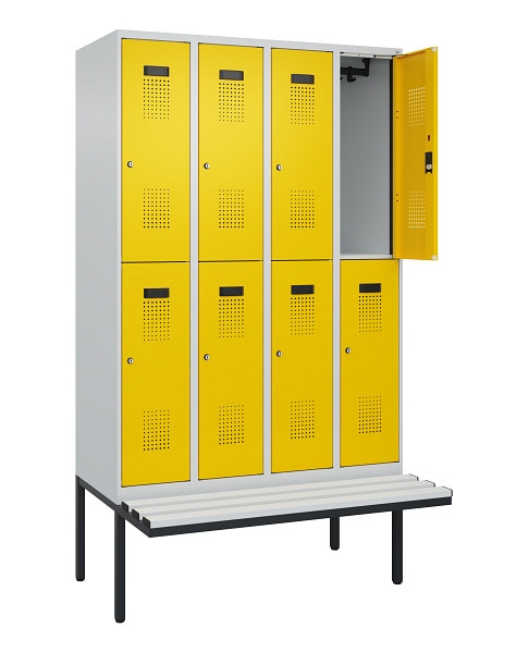 C+P Doppelstock-Spind Evolo PLUS, Bank, 8 Fächer, 2120x1200x815mm, 7035/1023, Zylinderschloss, Sitzfläche Kunststoff, 0493407-40 S10109
