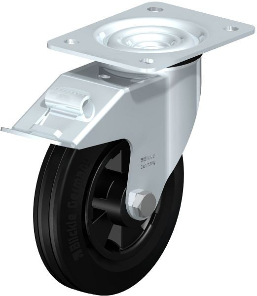 Blickle LE-VPP 160R-FI Stahlblech-Lenkrolle mit Anschraubplatte & Feststeller, Vollgummi, Schwarz, 375253