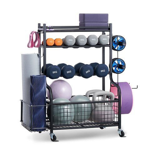 VEVOR Heimgymnastik Aufbewahrungsregal aus Stahl, Yogamattenhalter & Gewichtheben Rack mit Rädern & Haken, LSDLYJJ4C404VC65NV0