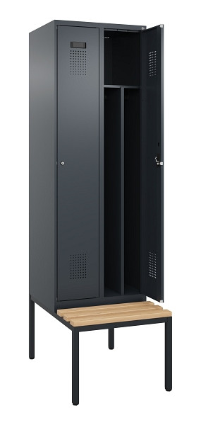 C+P Spind Evolo PLUS, 2 Abteile, 2120x600x815mm, 7016/7016, Zylinderschloss, Sitzfläche Buche-Hartholz, Sitzbank, 0490507-20F S10043