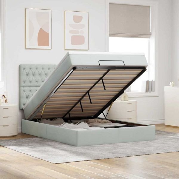 vidaXL Ottoman-Bett mit Matratzen & LEDs Hellgrau 140x200 cm Samt, 3314396