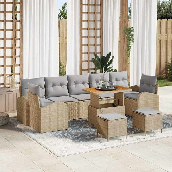 vidaXL Garten-Sofa-Set mit Kissen 10-teilig Beige Poly-Rattan, 3362382