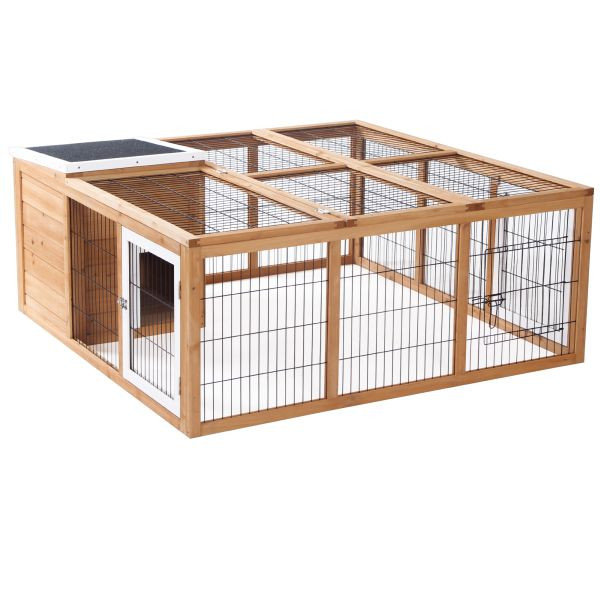 PawHut Kaninchenstall Hasenstall mit Freilaufgehege Kleintierstall Dach zum Öffnen wasserdicht multifunktional Tannenholz Natur 123x120x52 cm, D51-194