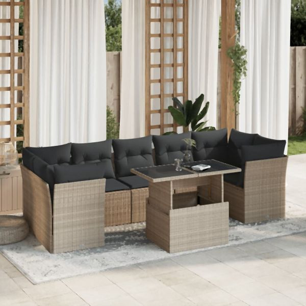 vidaXL 8-tlg. Garten-Sofagarnitur mit Kissen Hellgrau Poly Rattan, 3266402