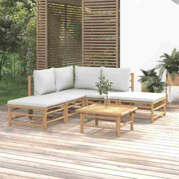 vidaXL 6-tlg. Garten-Lounge-Set mit Hellgrauen Kissen Bambus, 3155079