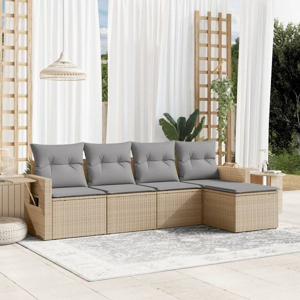 vidaXL 5-teilig Garten-Sofagarnitur mit Kissen Beige Poly Rattan, 3252426