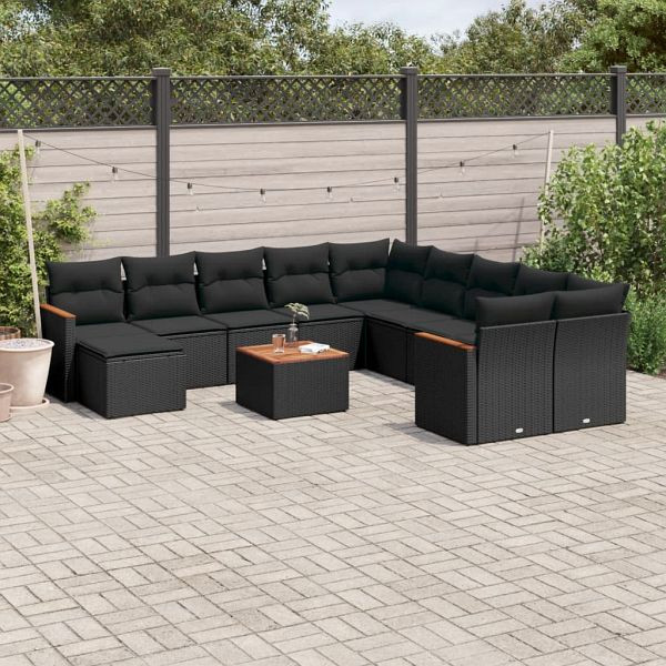 vidaXL 12-teilig Garten-Sofagarnitur mit Kissen Schwarz Poly Rattan, 3258975