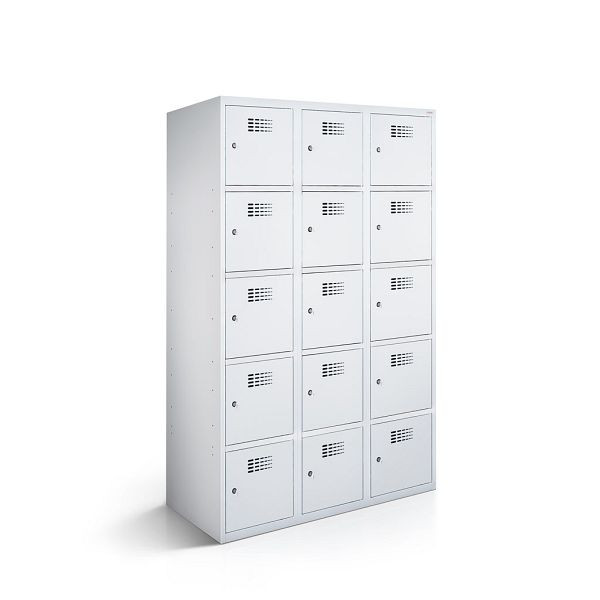 Rotstahl Fächerschrank, 3 Reihen, 5 Fächer/Reihe, Abteilbreite 40 cm, ECO, kurzer Sockel, Lichtgrau, 2110-030500-1201112-7035-7035ECOZYL