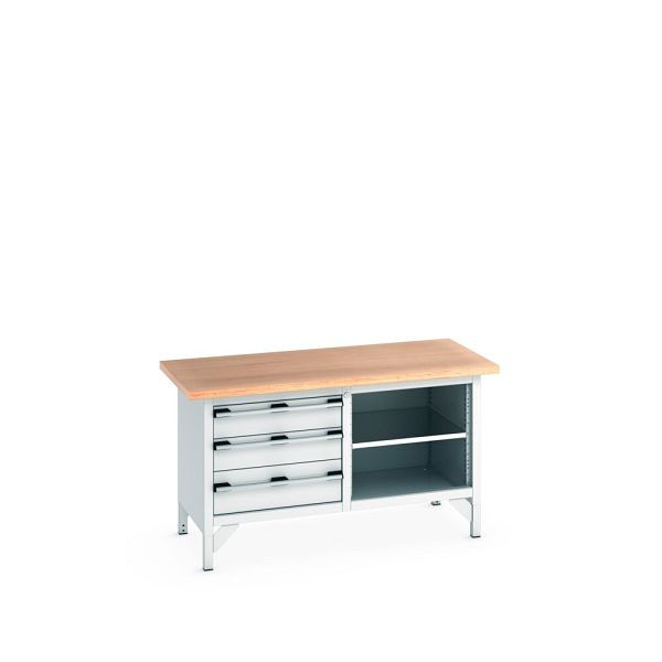 bott cubio Kastenwerkbank mit 3 Schubladen, Ablage, Multiplex-Arbeitsplatte, BxTxH: 1500x750x840mm, RAL 7035/7035, Lichtgrau, 41002166.16V