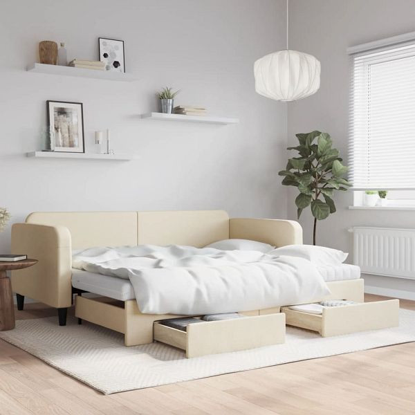 vidaXL Tagesbett Ausziehbar mit Schubladen Creme 90x200 cm Stoff, 3196874