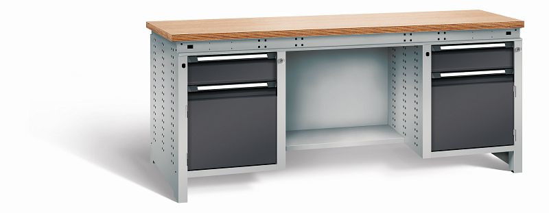 Otto Kind Werkbank Serie function Typ 305, Multiplexplatte 40 mm, bündig, 2x Unterbau + mittleres Feld, Gehäuse RAL 9006, Front RAL 9005, 07236013N