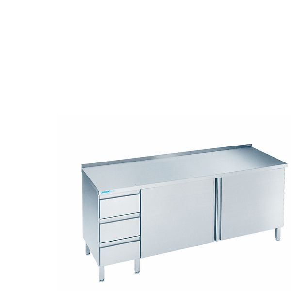 CHROMOnorm Arbeitsschrank mit Flügeltüren und Schubladenblock Links, mit Tischplatte Hinten aufgekantet - 1600x600x850/900 mm, SF0616CS3L0