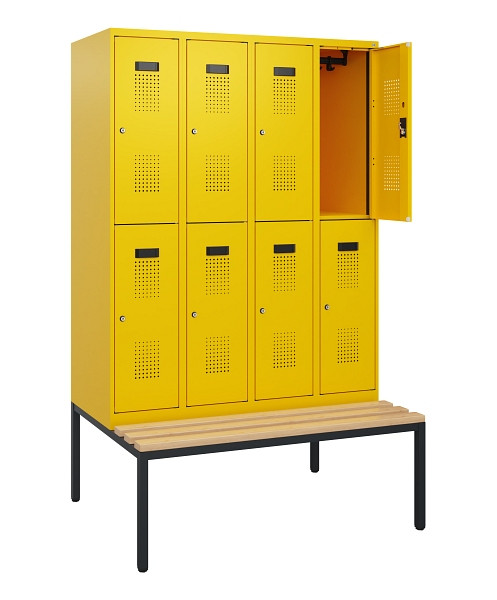 C+P Doppelstöckiger Spind Evolo PLUS, Bank, 8 Fächer, 1950x1200x815mm, 1023/1023, Zylinderschloss, Sitzfläche Buche-Hartholz, Sitzbank, 0493505-40 S10062