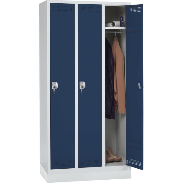 Deskin Garderoben-Stahlspind SP PROFI SYSTEM mit Sockel, 3 Abteile 300 mm, Zylinder, Lichtgrau/dunkelblau, H 1800 x B 870 x T 500 mm, 225915