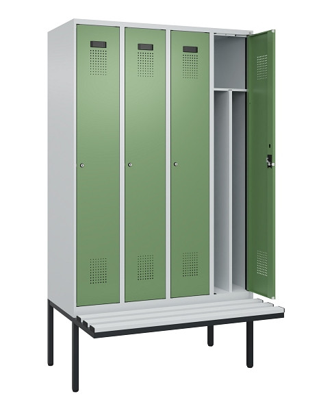 C+P Spind Evolo PLUS, 4 Abteile, 2120x1200x815mm, 7035/6011, Haken 4, Zylinderschloss, Material Sitzfläche Kunststoff, 0490407-40F S10091