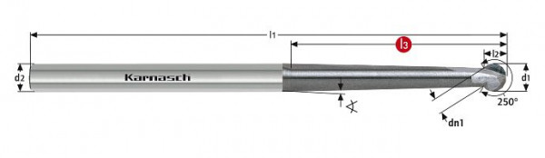 Karnasch VHM-3D-Radiusfräser extra lang mit Kugelstirn 250°, HHC / HSC d= 4,0 / r= 2,0 / L3= 30 mm UFX-3, 3064850400