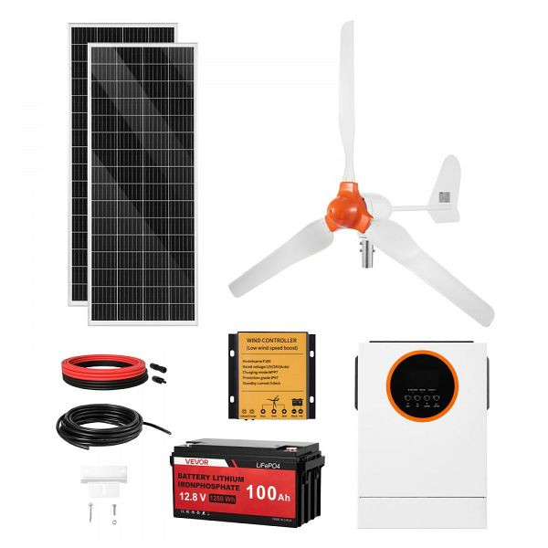 VEVOR 600W Solar-Wind-Hybrid-Set, 2x100W Mono-Panels, 400W Windrad, Controller, 1000W Hybrid-WR, 12,8V 100Ah LiFePO4, 12VTYNFNTJ121Y92N001V2