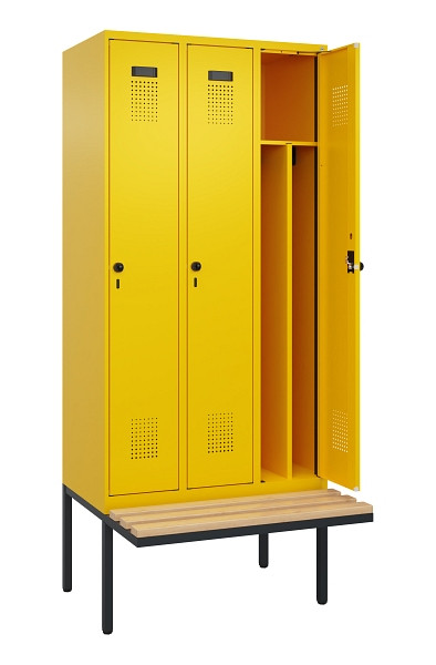 C+P Spind Evolo PLUS, 3 Abteile, 2120x900x815mm, 1023/1023, Haken 4, Drehriegel, Sitzfläche Holz, 0490407-30F S10022