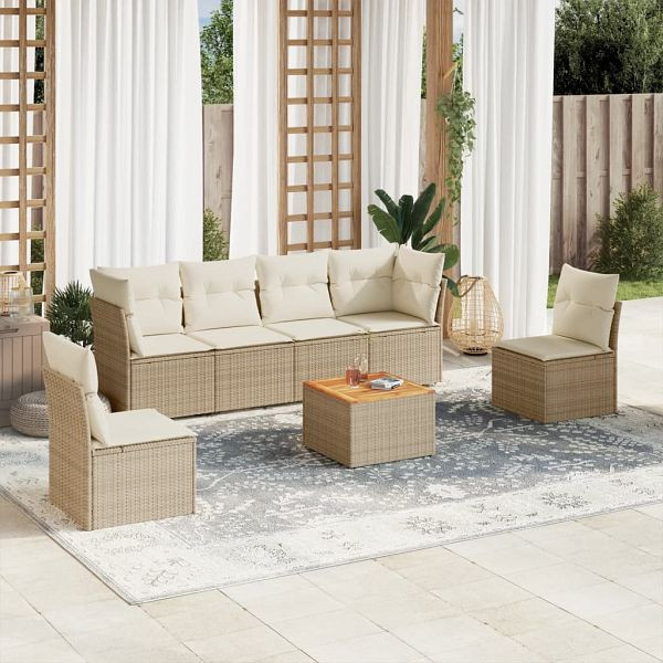 vidaXL 7-teilig Garten-Sofagarnitur mit Kissen Beige Poly Rattan, 3255883