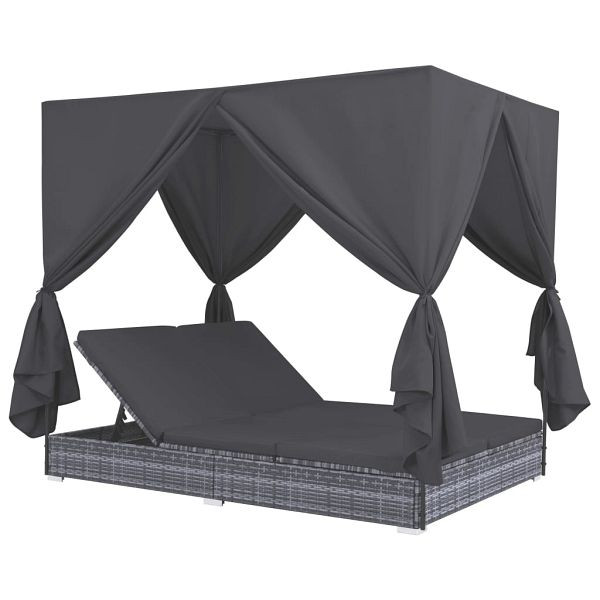 vidaXL Outdoor-Lounge-Bett mit Vorhängen Poly Rattan Grau, 45647