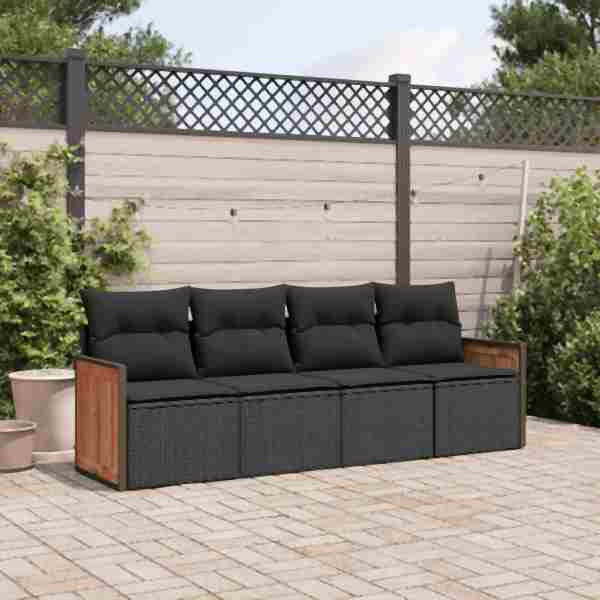 vidaXL 4-tlg. Garten-Sofagarnitur mit Kissen Schwarz Poly Rattan, UV-beständig, 3227448