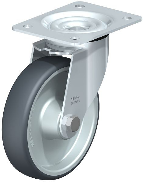 Blickle LE-TPA 160R Stahlblech-Lenkrolle mit Anschraubplatte, Thermoplastisches Gummi-Elastomer, Grau, 748174