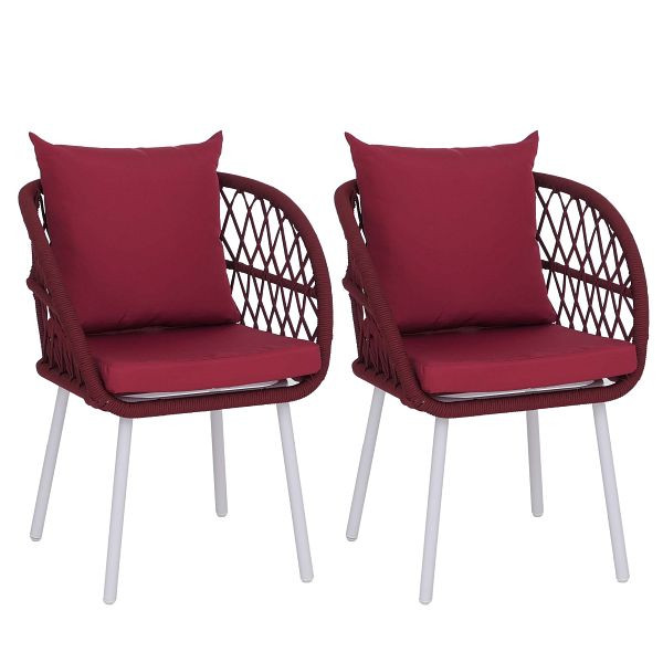 Mendler 2er-Set Gartenstuhl HWC-Q38, Gartensessel Armlehne, Aluminium Seilgeflecht Rope, Gestell hellgrau, Polster bordeaux, 121399