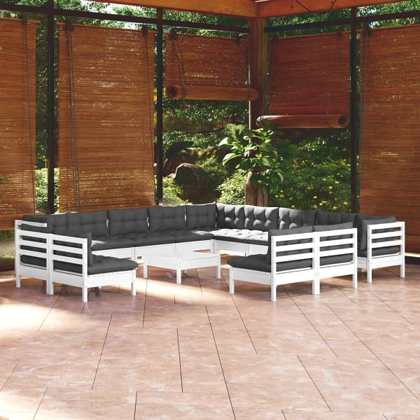 vidaXL 14-teilig Garten-Lounge-Set mit Kissen Weiß Massivholz Kiefer, 3096894