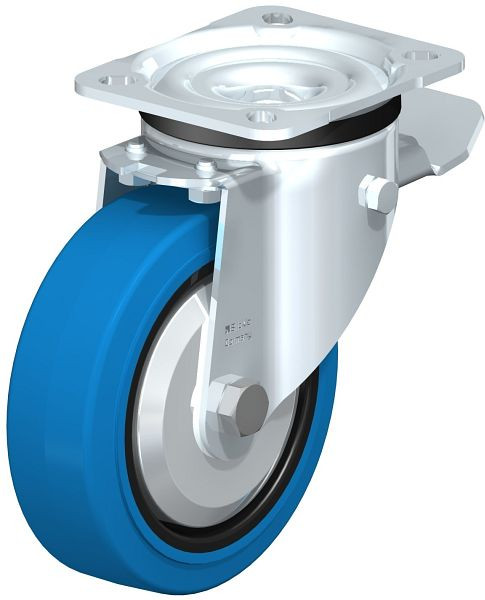 Blickle LK-POEV 125XR-1-ST-SB-FA Stahlblech-Lenkrolle, schwere Ausführung, mit Anschraubplatte & Feststeller, Elastik-Vollgummi, Blau, 851067