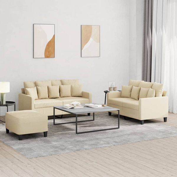 vidaXL 3-teilig Sofagarnitur mit Kissen Creme Stoff, 3201658