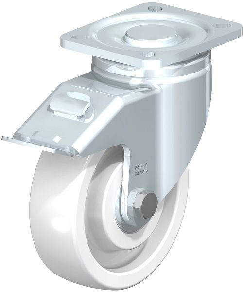Blickle LH-SPO 125K-1-FI Stahlblech-Lenkrolle, Schwerlast-Ausführung, mit Anschraubplatte & Feststeller, Polyamid, Weiß, 605865