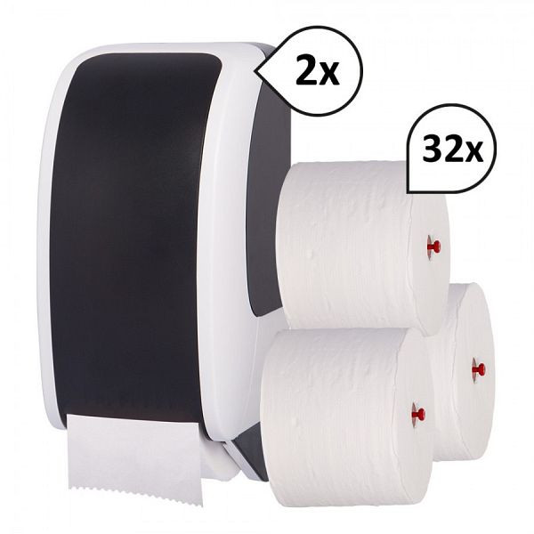 Produktbild von Blanc Hygienic SET: 2x Toilettenpapierspender Doppelrollen Blanc Cosmos + 32 Toilettenpapierrollen Long Life 3L, Farbe: schwarz/weiß, PS-THR3503-2150WS Blanc Hygienic SET: 2x Toilettenpapierspender Doppelrollen Blanc Cosmos + 32 Toilettenpapierrollen Long Life 3L, Farbe: schwarz/weiß, PS-THR3503-2150WS