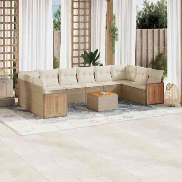 vidaXL 11-tlg. Garten-Sofagarnitur mit Kissen Beige Poly Rattan, UV-beständig, 3260413