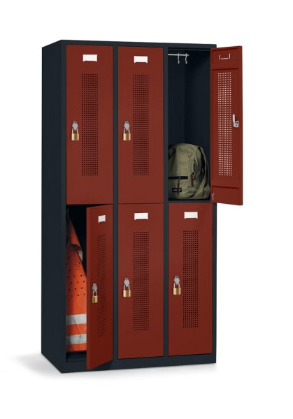 Deskin Doppelstöckiger Garderoben-Spind ohne Unterbau, Rubinrot RAL 3003, 870 x 500 x 1700 mm, 6 Abteile, Korpus: Anthrazit RAL 7021, 346912