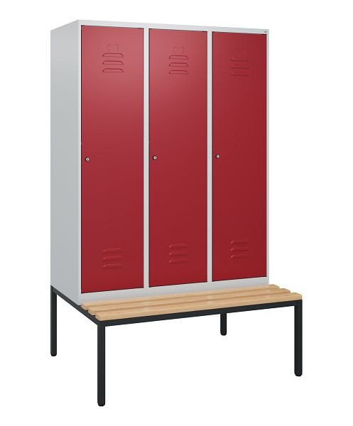 C+P Umkleidespind Classic PLUS, mit untergebauter Sitzbank, 3 Abteile, 1950x1200x815mm, 7035/3003, Zylinderschlösser, Buche-Sitzleisten, 0800505-32 S10016