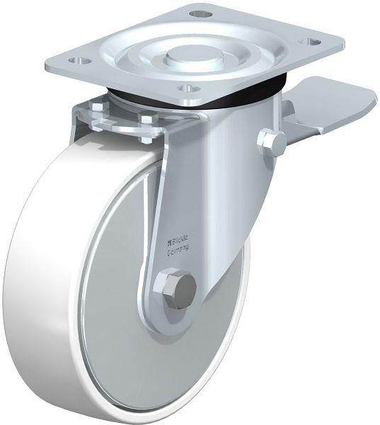 Blickle L-PO 160K-ST-FA Stahlblech-Lenkrolle, mittelschwere Ausführung, mit Anschraubplatte & Feststeller, Polyamid, Weiß, 749284