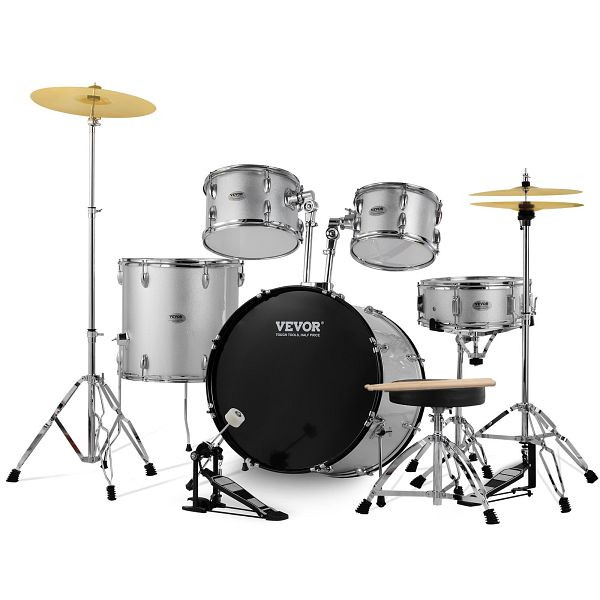 VEVOR 5-teiliges Schlagzeug-Set Drum in voller Größe mit Thronständer Silber, WJTJZG5JT22YET4DWV0