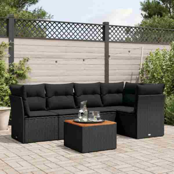 vidaXL 6-tlg. Garten-Sofagarnitur mit Kissen Schwarz Poly Rattan, UV-beständig, 3223626